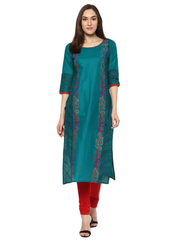 Soft Wearables Women's Peacock Blue Geometric Ajrakh Hand Block Cotton Printed Straight Kurta - Noz2Toz Soft Wearables Women's Peacock Blue Geometric Ajrakh Hand Block Cotton Printed Straight Kurta - Noz2Toz