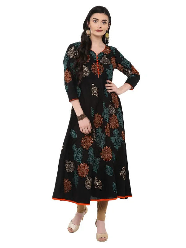 Casual Comfort Wear Women's Black Cotton Printed Anarkali With Multicoloured Ajrakh Hand Block Print - Noz2Toz Casual Comfort Wear Women's Black Cotton Printed Anarkali With Multicoloured Ajrakh Hand Block Print - Noz2Toz