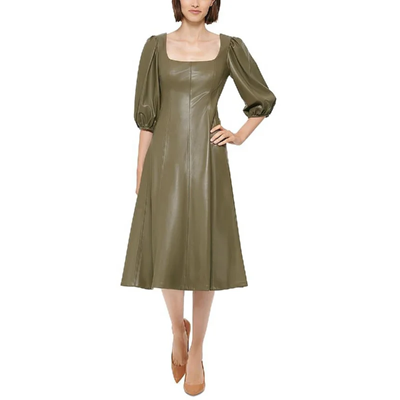 Easygoing Fashion Calvin Klein Womens Faux Leather Square Neck Midi Dress