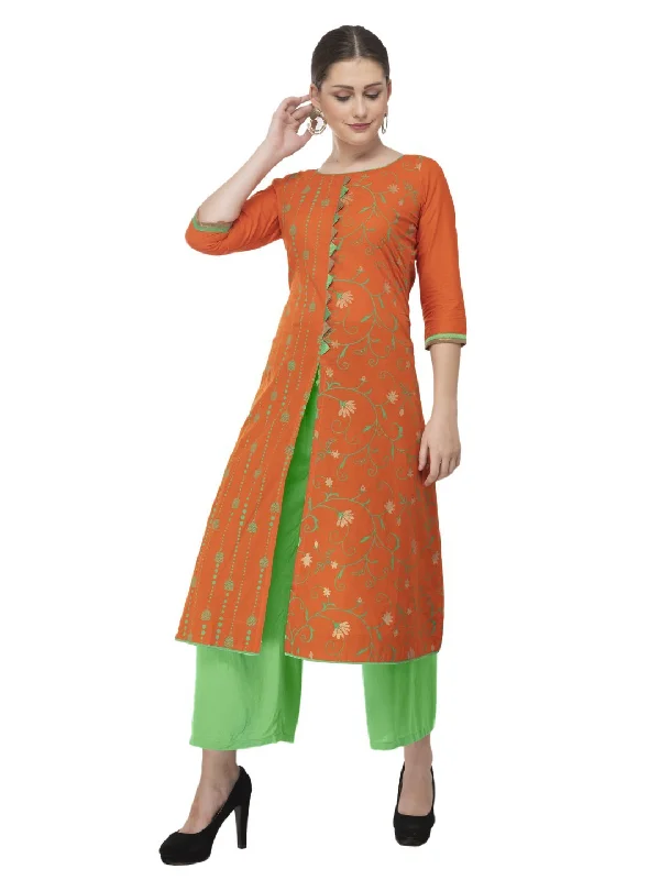 Easy Chic Wear Women's Orange Front Open Ajrakh Hand Block Printed Cotton Straight Kurta - Noz2Toz Easy Chic Wear Women's Orange Front Open Ajrakh Hand Block Printed Cotton Straight Kurta - Noz2Toz