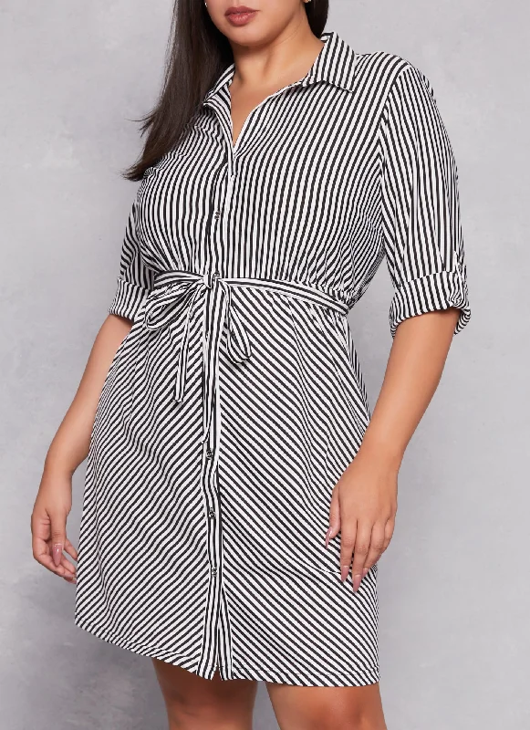 Easy Wear Chic Plus Size Striped Button Front Tabbed Sleeve Shirt Dress