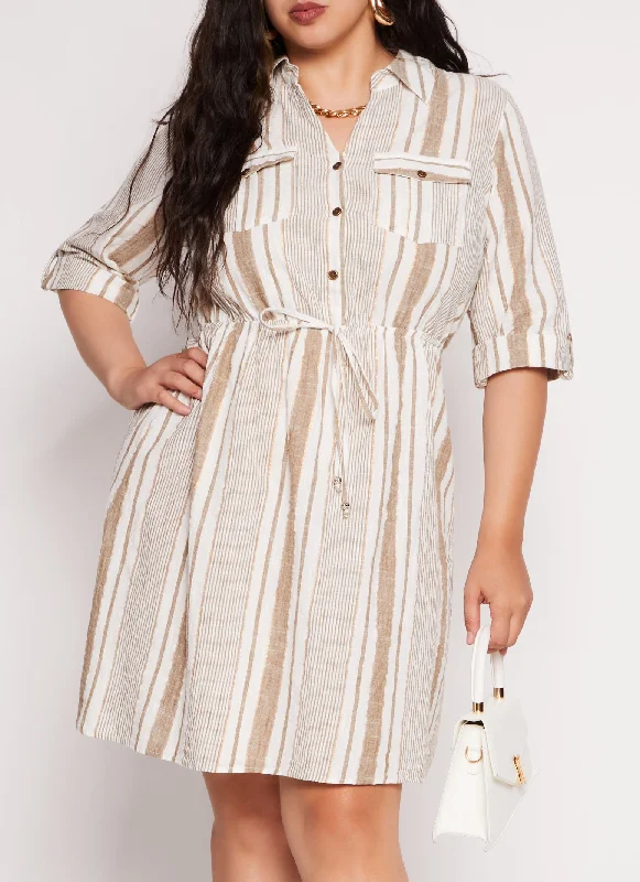 Relaxed Clothing Plus Size Lurex Striped Linen Shirt Dress