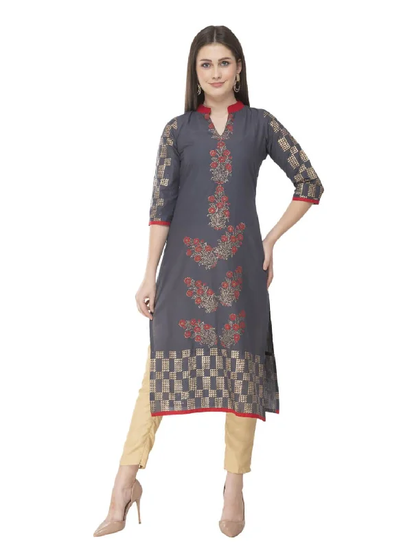 Classic Comfort Women's Grey Ajrakh Hand Block Floral Printed Cotton Straight Kurta - Noz2Toz Classic Comfort Women's Grey Ajrakh Hand Block Floral Printed Cotton Straight Kurta - Noz2Toz