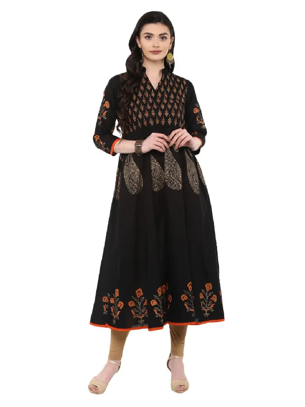 Modern Chic Women's Classic Black Ajrakh Hand Block Cotton Printed Anarkali - Noz2Toz Modern Chic Women's Classic Black Ajrakh Hand Block Cotton Printed Anarkali - Noz2Toz