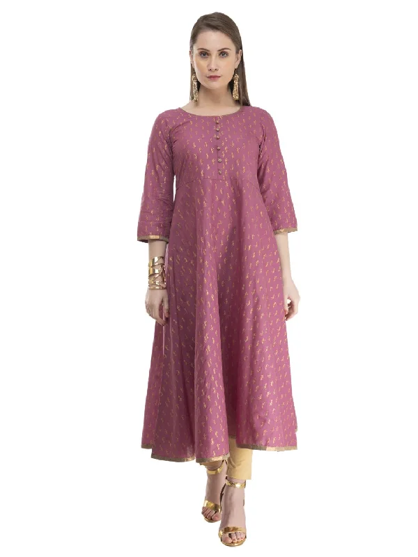 Relaxed Tops Women's Mauve Cotton Anarkali With Overall Ajrakh Hand Block Print - Noz2Toz Relaxed Tops Women's Mauve Cotton Anarkali With Overall Ajrakh Hand Block Print - Noz2Toz