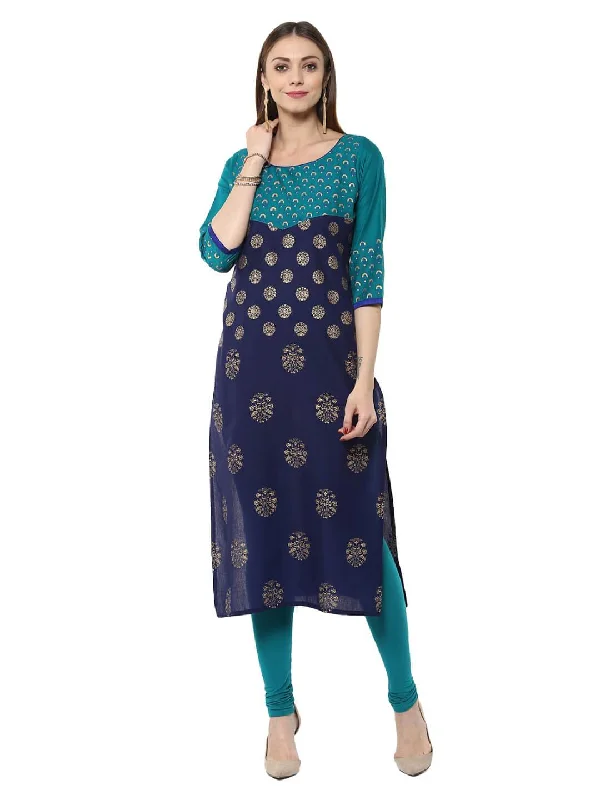 Relaxed Chic Women's Indigo And Turquoise Floral Ajrakh Hand Block Cotton Printed Straight Kurta - Noz2Toz Relaxed Chic Women's Indigo And Turquoise Floral Ajrakh Hand Block Cotton Printed Straight Kurta - Noz2Toz