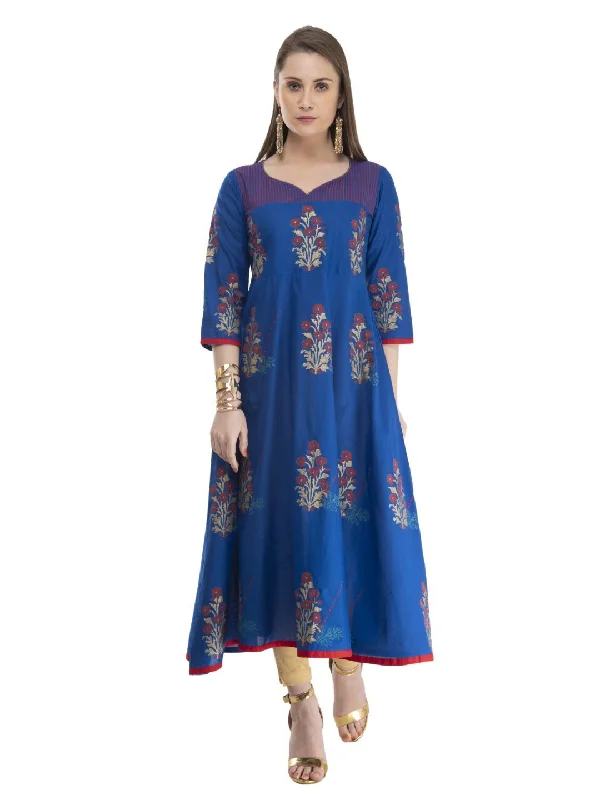 Easy Comfort Style Women's Festive Royal Blue Cotton Anarkali With Ajrakh Hand Block Print - Noz2Toz Easy Comfort Style Women's Festive Royal Blue Cotton Anarkali With Ajrakh Hand Block Print - Noz2Toz