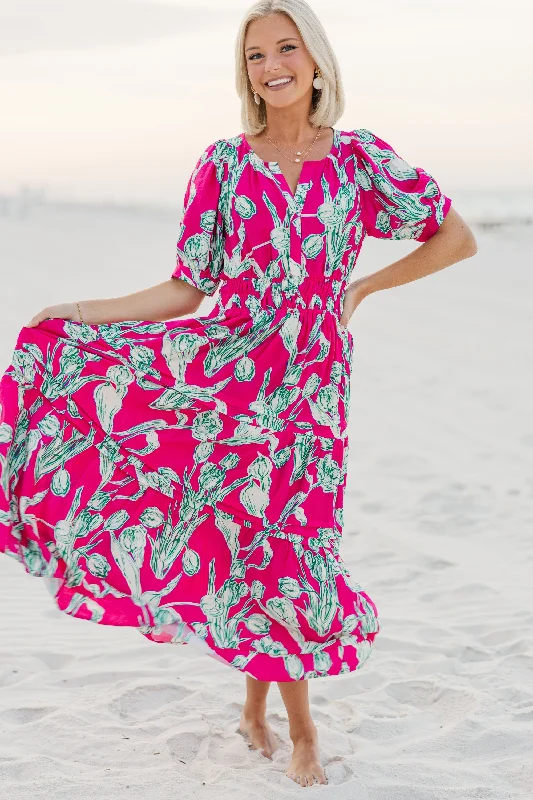 Fashionable Comfort All You Hot Pink Floral Midi Dress