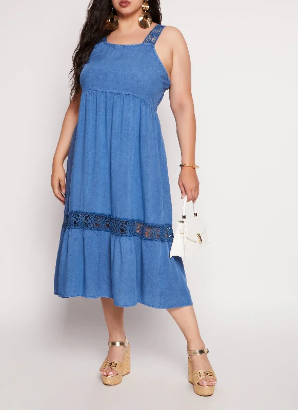 Trendy Dresses Plus Size Acid Wash Daisy Crochet Detail Dress