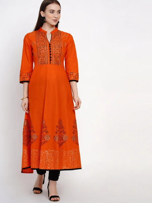 Fashionable Comfort Women's Orange Festive Ajrakh Hand Block Cotton Printed Anarkali - Noz2Toz Fashionable Comfort Women's Orange Festive Ajrakh Hand Block Cotton Printed Anarkali - Noz2Toz