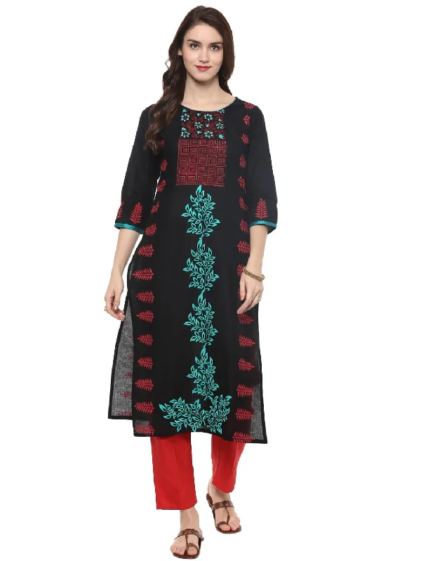 Stylish Casuals Women's Navy Blue Ajrakh Hand Block Floral Printed Cotton Straight Kurta - Noz2Toz Stylish Casuals Women's Navy Blue Ajrakh Hand Block Floral Printed Cotton Straight Kurta - Noz2Toz