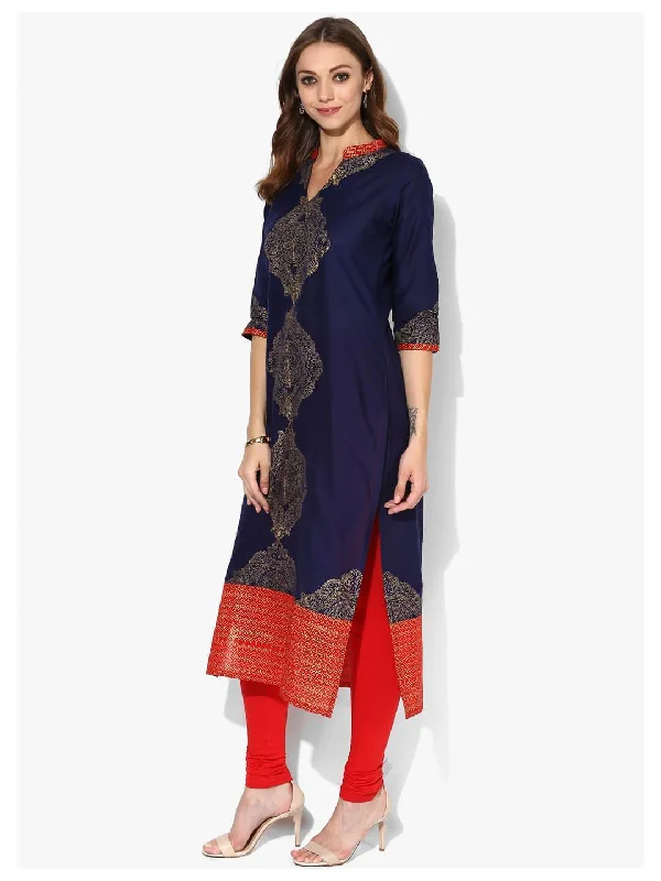 Stylish Jackets Women's Indigo And Golden Ajrakh Hand Block Cotton Printed Straight Kurta - Noz2Toz Stylish Jackets Women's Indigo And Golden Ajrakh Hand Block Cotton Printed Straight Kurta - Noz2Toz