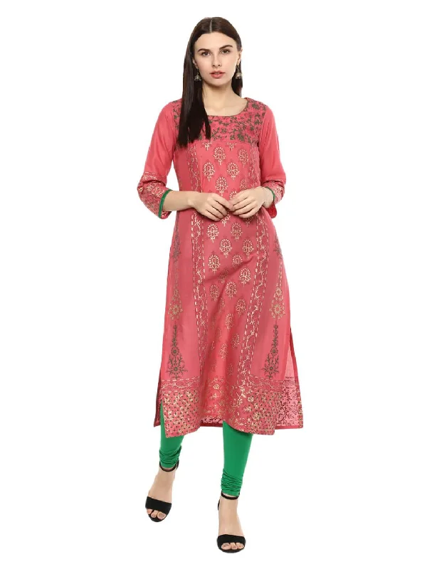 Cozy Lifestyle Women's Old Rose Ajrakh Hand Block Foil Printed Cotton Printed Straight Kurta - Noz2Toz Cozy Lifestyle Women's Old Rose Ajrakh Hand Block Foil Printed Cotton Printed Straight Kurta - Noz2Toz