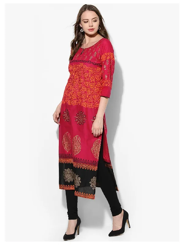 Easygoing Fashion Women's Fuchsia Keyhole Kurta With Ajrakh Hand Block Cotton Print - Noz2Toz Easygoing Fashion Women's Fuchsia Keyhole Kurta With Ajrakh Hand Block Cotton Print - Noz2Toz