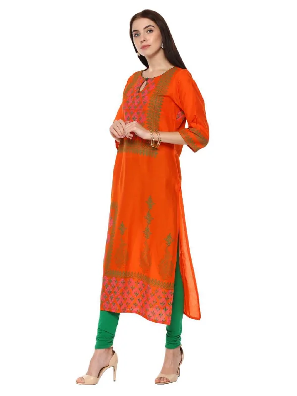 Comfortable Lounge Wear Women's Orange And Green Ajrakh Hand Block Cotton Printed Straight Kurta - Noz2Toz Comfortable Lounge Wear Women's Orange And Green Ajrakh Hand Block Cotton Printed Straight Kurta - Noz2Toz