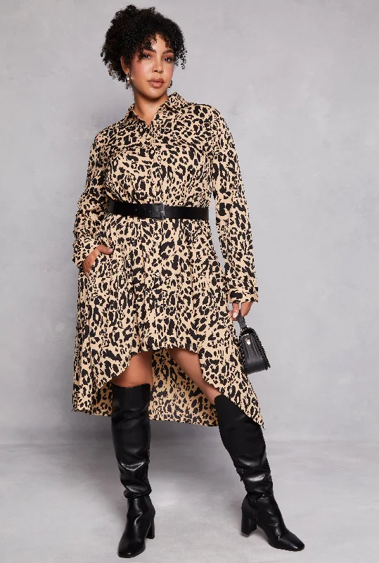 Simple Looks Plus Size Animal Print Button Front Shirt Dress