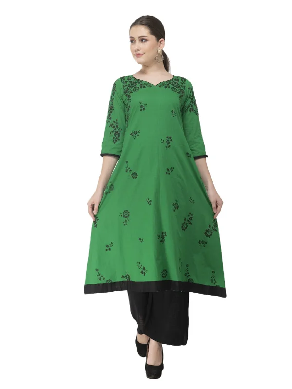 Simple Looks Women's Green & Black Minimal Cotton Anarkali With Ajrakh Hand Block Print - Noz2Toz Simple Looks Women's Green & Black Minimal Cotton Anarkali With Ajrakh Hand Block Print - Noz2Toz