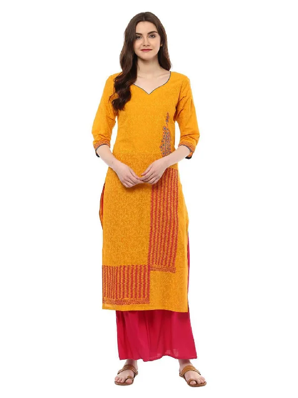 Comfortable Tops Women's Mustard Modern Ajrakh Hand Block Printed Straight Cotton Kurta - Noz2Toz Comfortable Tops Women's Mustard Modern Ajrakh Hand Block Printed Straight Cotton Kurta - Noz2Toz