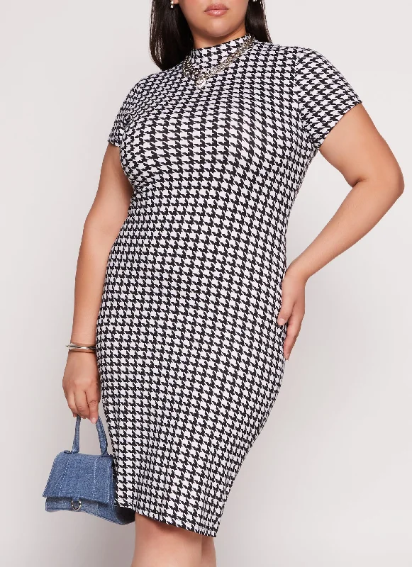 Warm Wear Plus Size Houndstooth T Shirt Dress