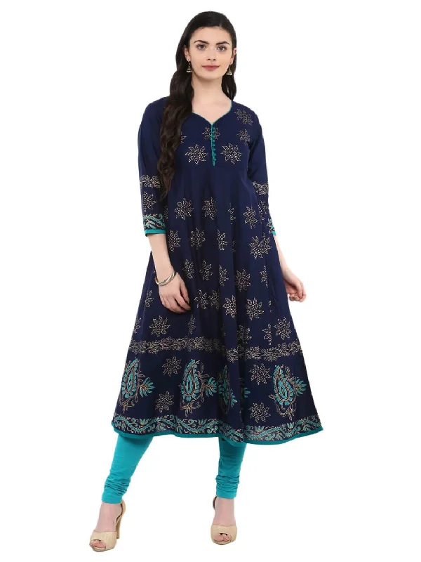 Comfortable Fitwear Women's Navy Blue Ajrakh Hand Block Printed Cotton Anarkali - Noz2Toz Comfortable Fitwear Women's Navy Blue Ajrakh Hand Block Printed Cotton Anarkali - Noz2Toz