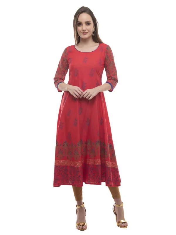 Soft Casuals Women's Red Festive Ajrakh Hand Block Cotton Printed Anarkali - Noz2Toz Soft Casuals Women's Red Festive Ajrakh Hand Block Cotton Printed Anarkali - Noz2Toz