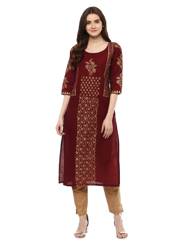 Soft Tops Women's Maroon Festive Ajrakh Hand Block Cotton Printed Straight Kurta - Noz2Toz Soft Tops Women's Maroon Festive Ajrakh Hand Block Cotton Printed Straight Kurta - Noz2Toz