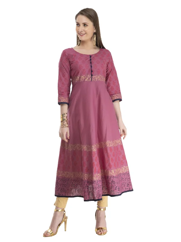 Sporty Wear Women's Traditional Mauve Cotton Anarkali With Ajrakh Hand Block Print - Noz2Toz Sporty Wear Women's Traditional Mauve Cotton Anarkali With Ajrakh Hand Block Print - Noz2Toz