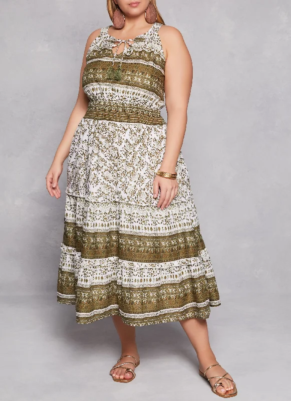 Simple Looks Plus Size Boho Border Print Smocked Waist Tiered Dress