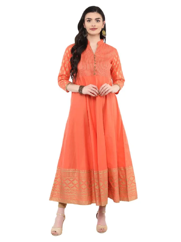 Relaxed Weekend Wear Women's Coral Pink Festive Ajrakh Hand Block Printed Cotton Anarkali - Noz2Toz Relaxed Weekend Wear Women's Coral Pink Festive Ajrakh Hand Block Printed Cotton Anarkali - Noz2Toz