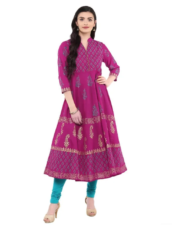 Fashionable Comfort Women's Magenta Ajrakh Hand Block Printed Cotton Anarkali - Noz2Toz Fashionable Comfort Women's Magenta Ajrakh Hand Block Printed Cotton Anarkali - Noz2Toz