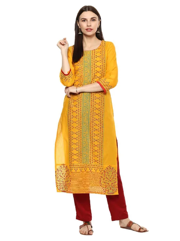 Trendy Comfort Wear Women's Mustard Ajrakh Hand Block Overall Printed Straight Cotton Kurta - Noz2Toz Trendy Comfort Wear Women's Mustard Ajrakh Hand Block Overall Printed Straight Cotton Kurta - Noz2Toz