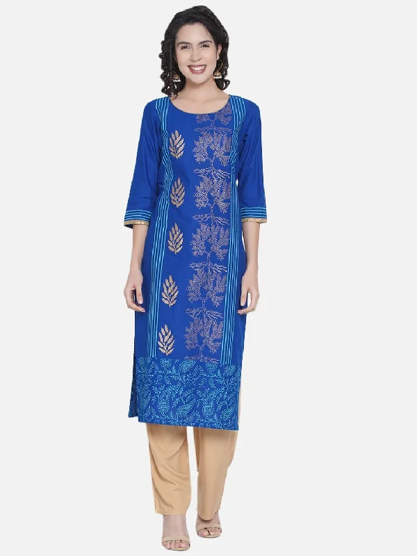 Comfortable Jeans Women's Royal Blue Motifs Print Straight Cotton Kurta - Noz2Toz