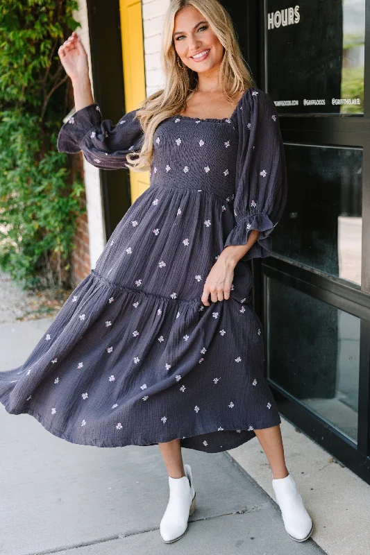 Soft Comfort Always With You Navy Blue Embroidered Midi Dress