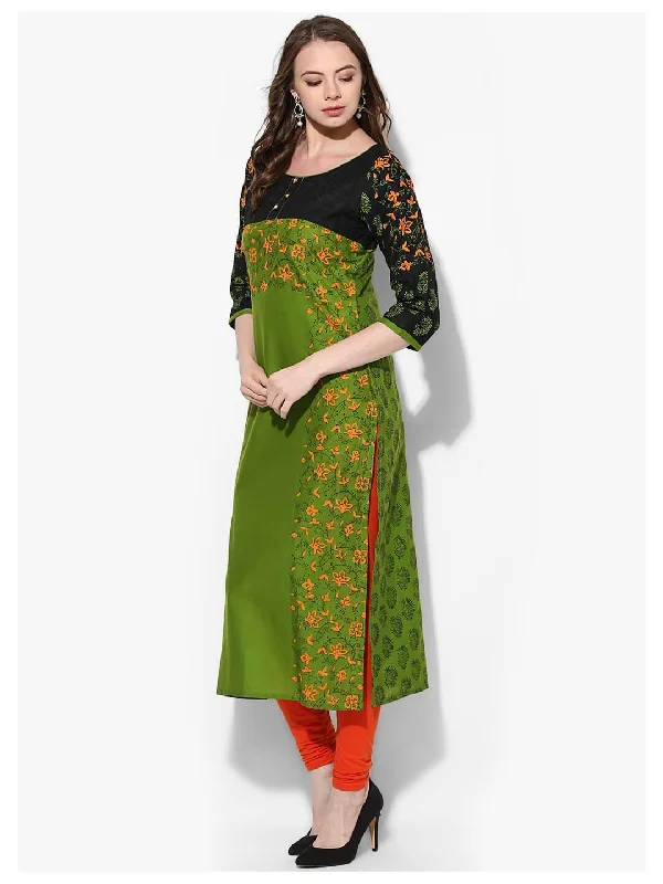 Warm Layers Women's Parrot Green Ajrakh Hand Block Cotton Printed Straight Kurta - Noz2Toz Warm Layers Women's Parrot Green Ajrakh Hand Block Cotton Printed Straight Kurta - Noz2Toz