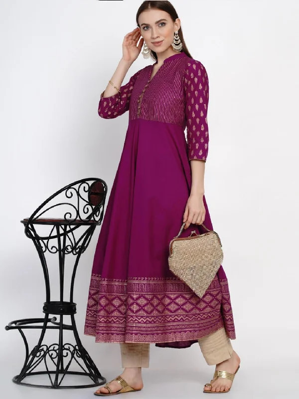 Soft Fabric Looks Women's Mauve Cotton Anarkali With Ajrakh Hand Block Print - Noz2Toz Soft Fabric Looks Women's Mauve Cotton Anarkali With Ajrakh Hand Block Print - Noz2Toz