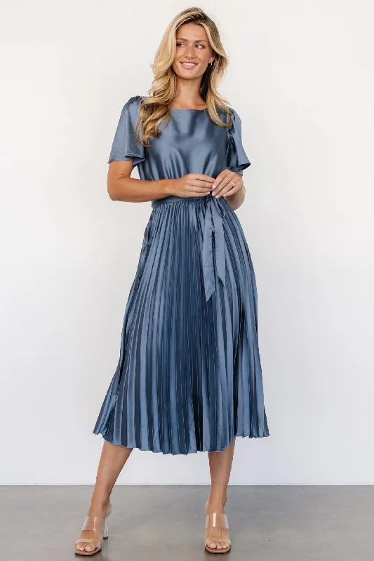Effortless Looks Adelaide Pleated Satin Dress | Blue