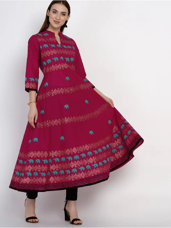 Elegant Casuals Women's Plum Cotton Anarkali With Ajrakh Hand Block Print - Noz2Toz