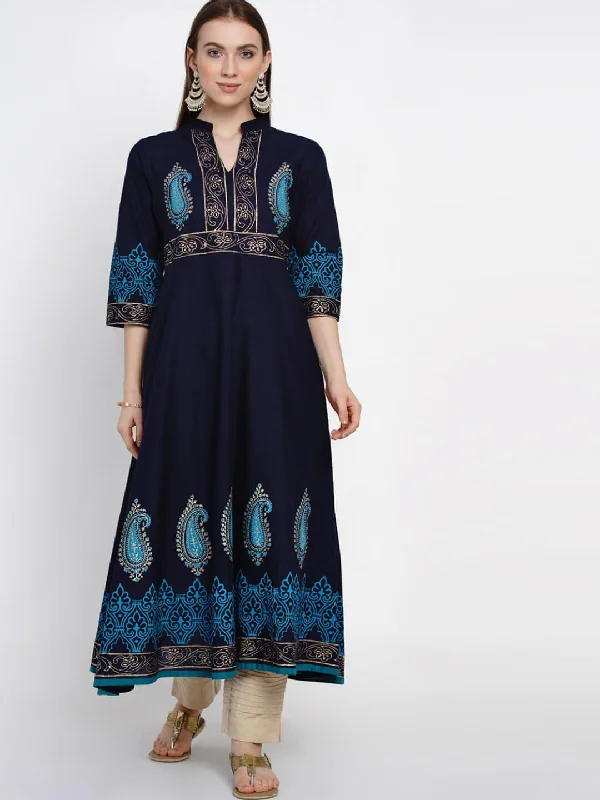 Layered Style Women's Traditional Coral Blue Cotton Anarkali With Ajrakh Hand Block Print - Noz2Toz Layered Style Women's Traditional Coral Blue Cotton Anarkali With Ajrakh Hand Block Print - Noz2Toz