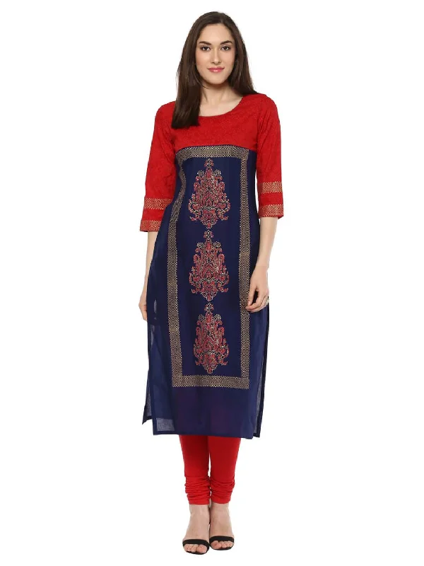 Cozy Chic Trends Women's Red And Blue Tribal Ajrakh Hand Block Cotton Printed Straight Kurta - Noz2Toz Cozy Chic Trends Women's Red And Blue Tribal Ajrakh Hand Block Cotton Printed Straight Kurta - Noz2Toz