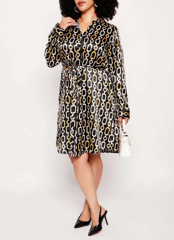 Cozy Outerwear Plus Size Satin Chain Print Button Front Shirt Dress