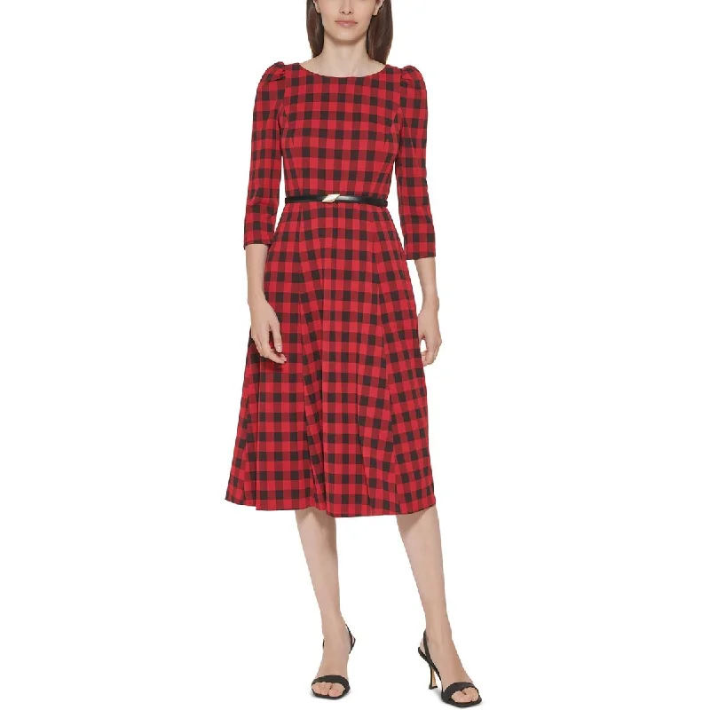 Fashion Comfort Calvin Klein Womens Crepe Buffalo Checkered Midi Dress