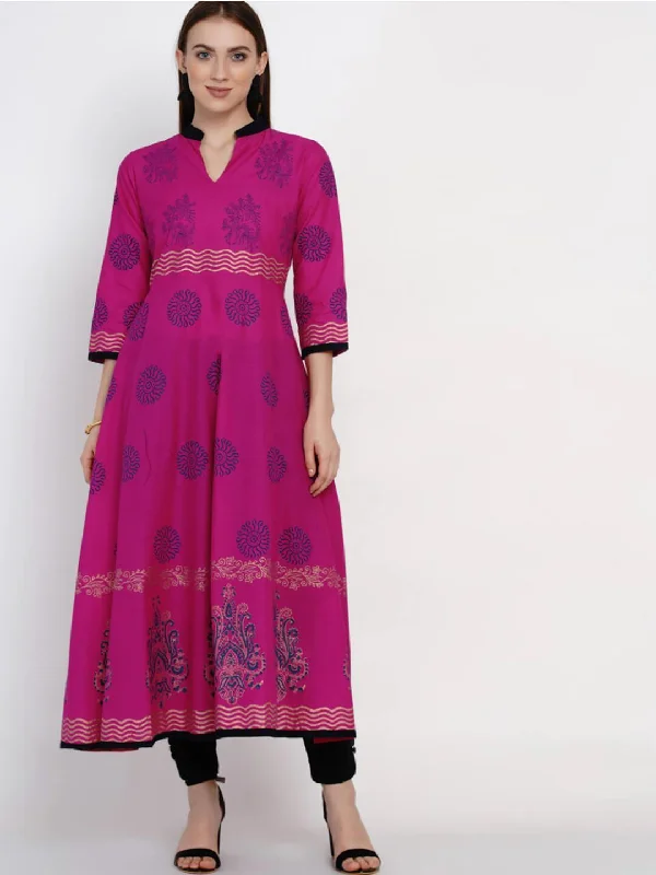Chic Comfort Wear Women's Magenta Floral Cotton Anarkali With Ajrakh Hand Block Print - Noz2Toz Chic Comfort Wear Women's Magenta Floral Cotton Anarkali With Ajrakh Hand Block Print - Noz2Toz