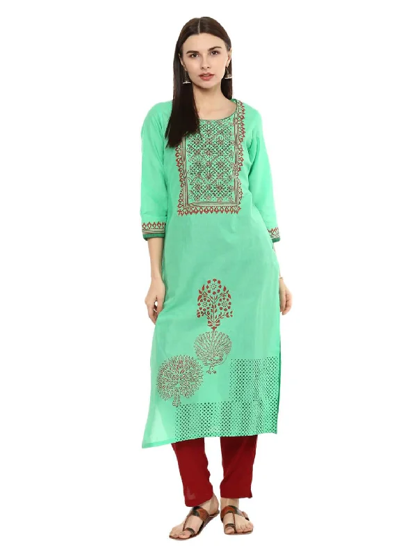 Effortless Looks Women's Pista Green Ajrakh Hand Block Cotton Printed Straight Kurta - Noz2Toz Effortless Looks Women's Pista Green Ajrakh Hand Block Cotton Printed Straight Kurta - Noz2Toz