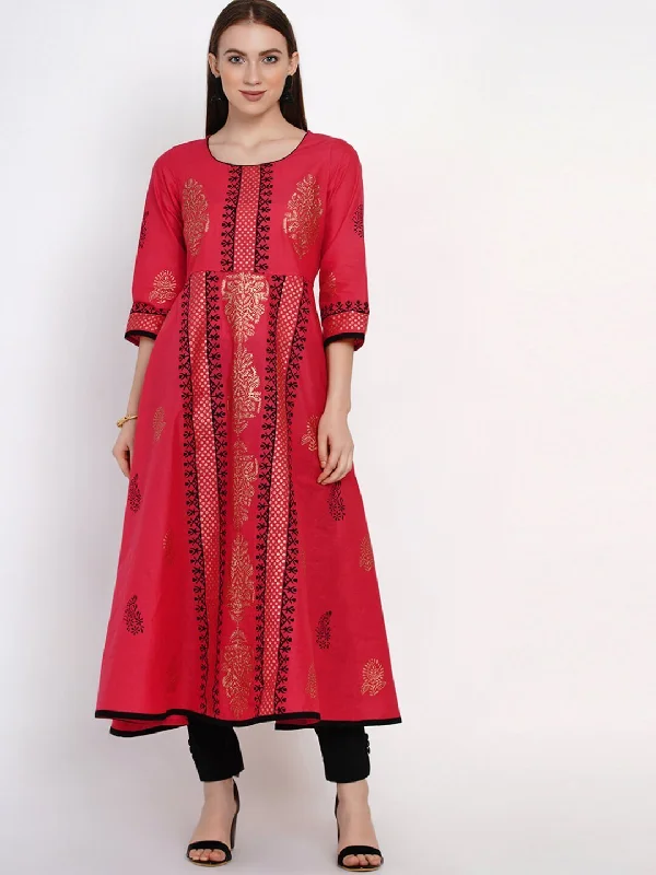 Timeless Outfits Women's Coral Red Festive Ajrakh Hand Block Cotton Printed Anarkali - Noz2Toz Timeless Outfits Women's Coral Red Festive Ajrakh Hand Block Cotton Printed Anarkali - Noz2Toz