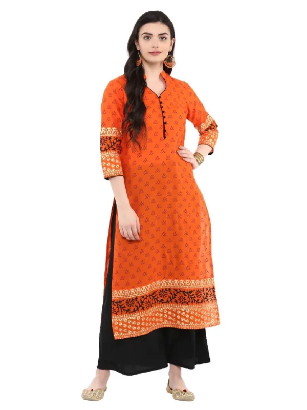 Sporty Comfort Women's Orange Ajrakh Hand Block Cotton Printed Straight Kurta - Noz2Toz Sporty Comfort Women's Orange Ajrakh Hand Block Cotton Printed Straight Kurta - Noz2Toz