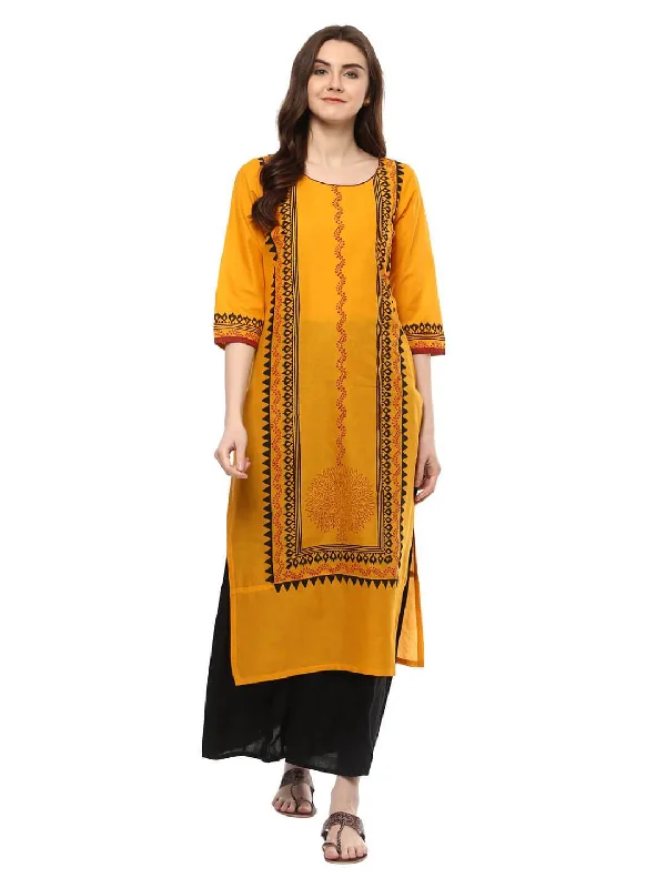 Soft Trends Women's Mustard Tribal Print Ajrakh Hand Block Cotton Printed Straight Kurta - Noz2Toz Soft Trends Women's Mustard Tribal Print Ajrakh Hand Block Cotton Printed Straight Kurta - Noz2Toz