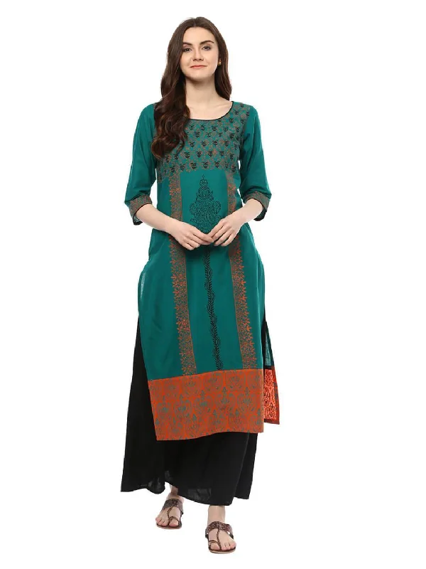 Cozy Fashions Women's Peacock Blue Ajrakh Hand Block Cotton Printed Straight Kurta - Noz2Toz Cozy Fashions Women's Peacock Blue Ajrakh Hand Block Cotton Printed Straight Kurta - Noz2Toz