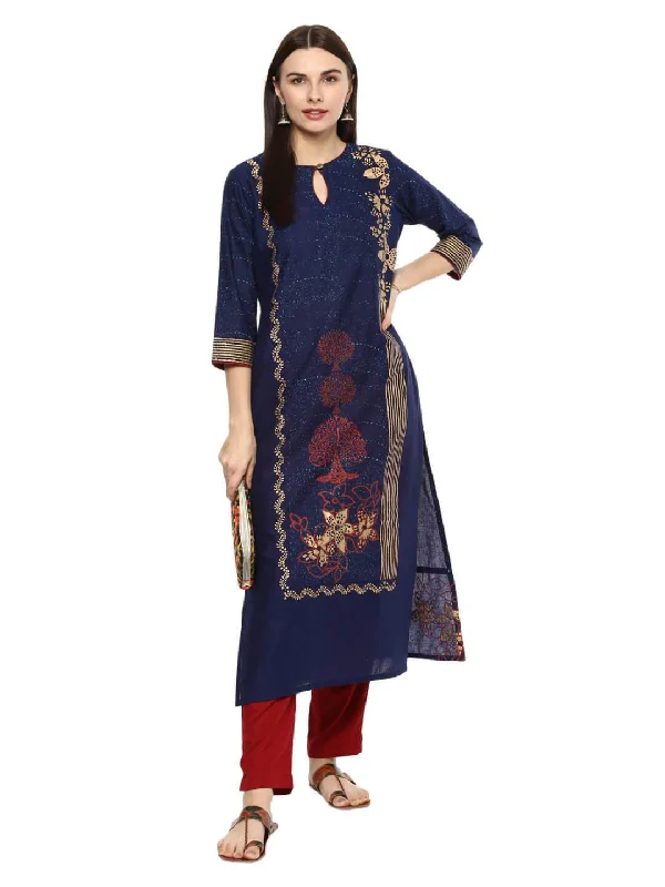Soft Textures Women's Coral Blue Ajrakh Hand Block Cotton Printed Kurta  - Noz2Toz