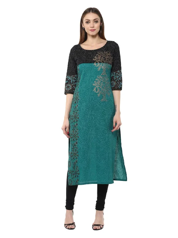 Light Layers Women's Turquoise Floral Ajrakh Hand Block Cotton Printed Straight Kurta - Noz2Toz Light Layers Women's Turquoise Floral Ajrakh Hand Block Cotton Printed Straight Kurta - Noz2Toz