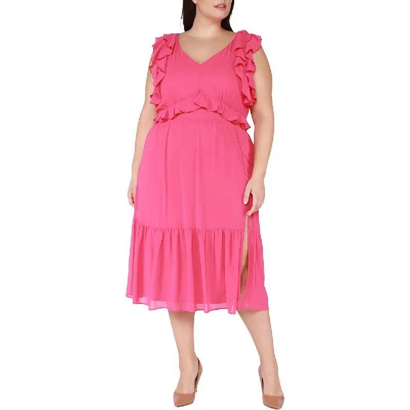 Soft Feel Black Tape_ Womens Plus Ruffled Flutter Sleeve Midi Dress